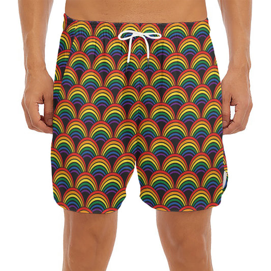 Rainbow Wave Pattern Print Men's Split Running Shorts