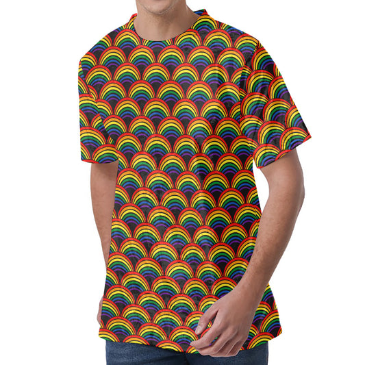 Rainbow Wave Pattern Print Men's Velvet T-Shirt