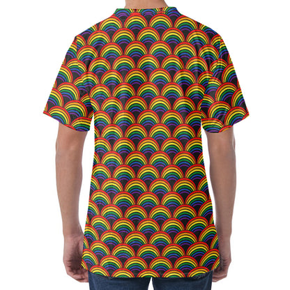 Rainbow Wave Pattern Print Men's Velvet T-Shirt