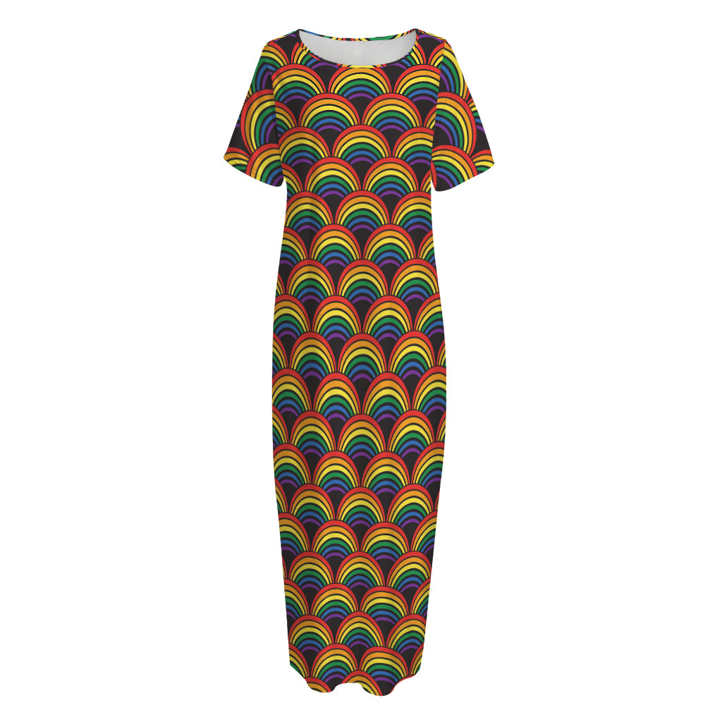 Rainbow Wave Pattern Print Short Sleeve Long Nightdress