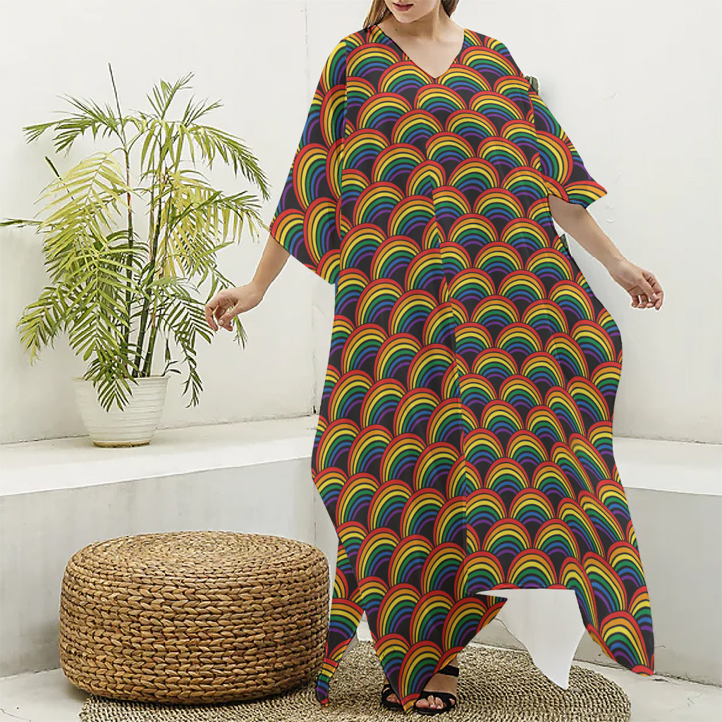 Rainbow Wave Pattern Print Silk V-Neck Kaftan Dress
