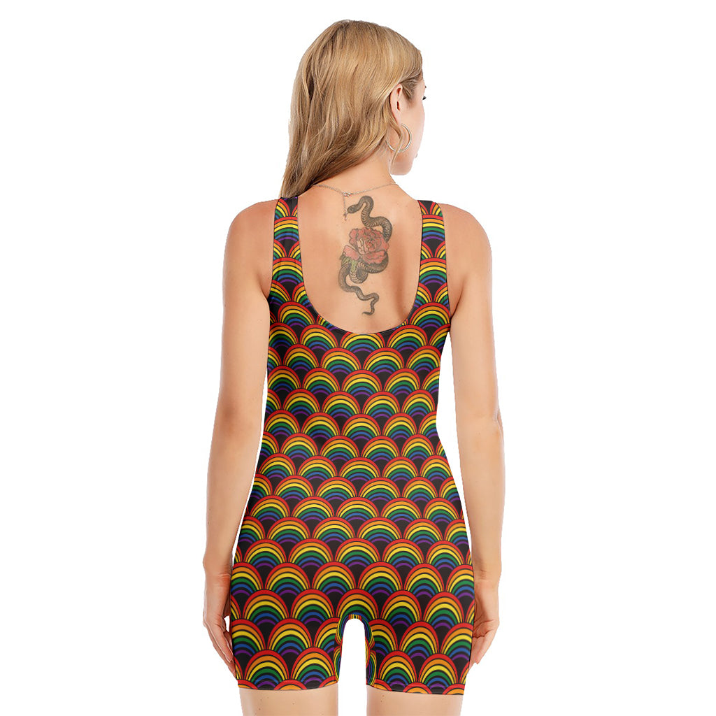 Rainbow Wave Pattern Print Sleeveless One Piece Swimsuit