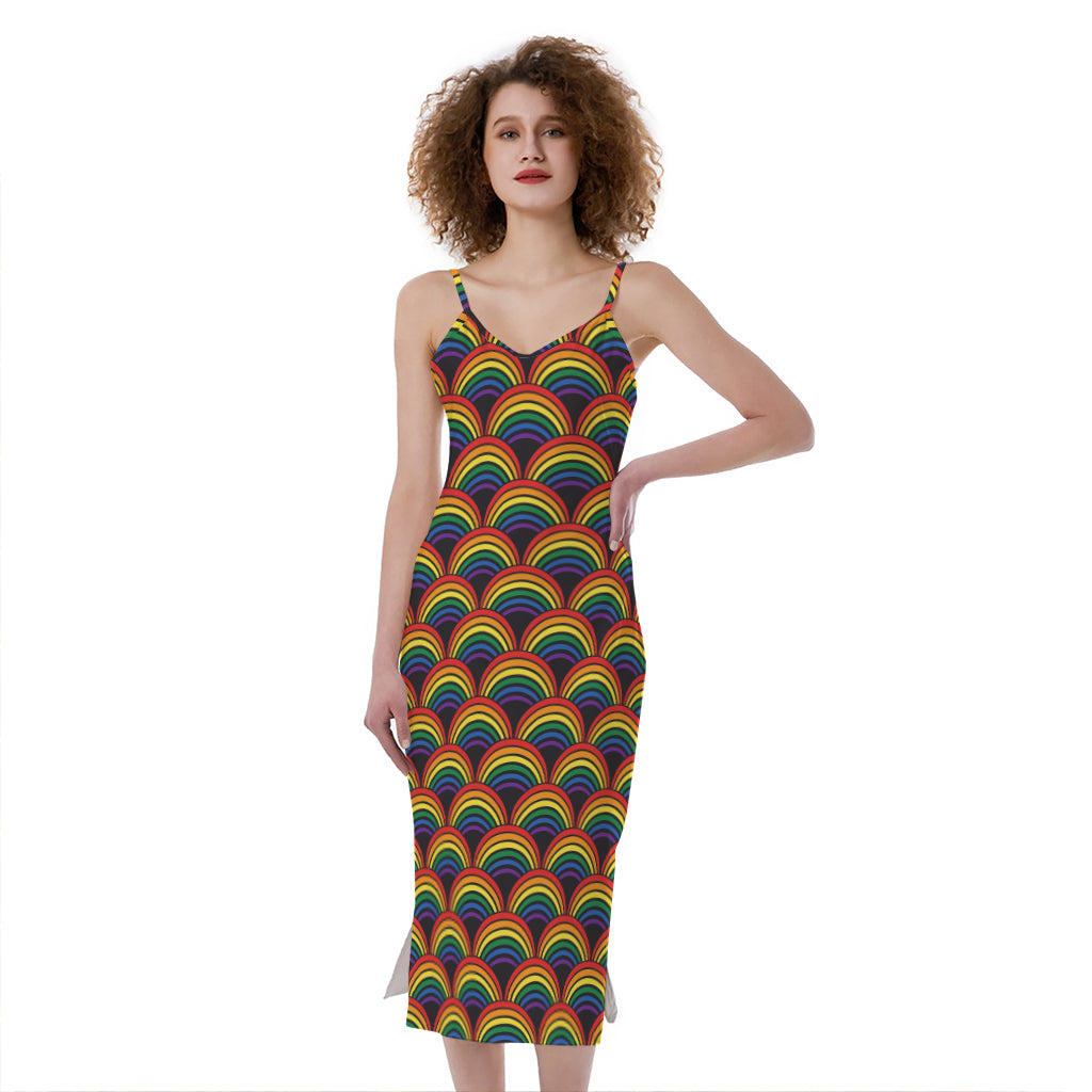 Rainbow Wave Pattern Print Slim Fit Midi Cami Dress