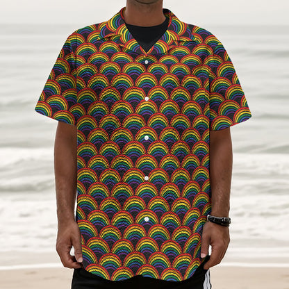 Rainbow Wave Pattern Print Textured Short Sleeve Shirt