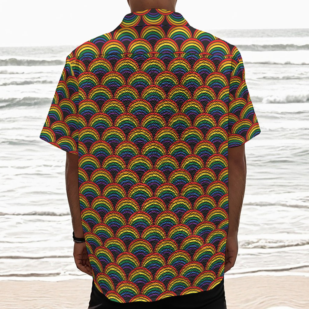 Rainbow Wave Pattern Print Textured Short Sleeve Shirt