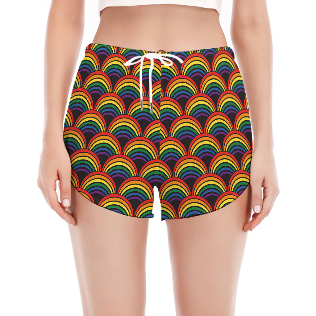 Rainbow Wave Pattern Print Women's Split Running Shorts