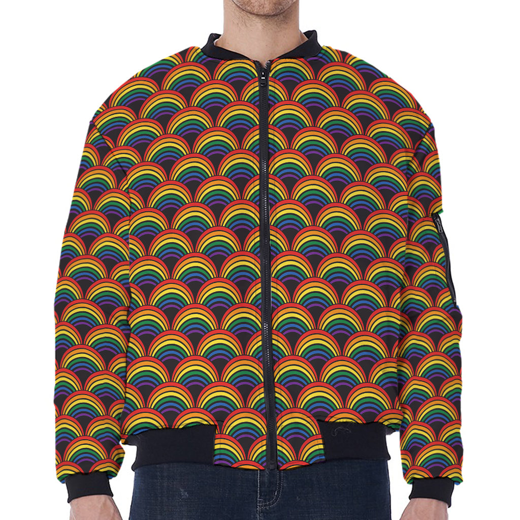Rainbow Wave Pattern Print Zip Sleeve Bomber Jacket