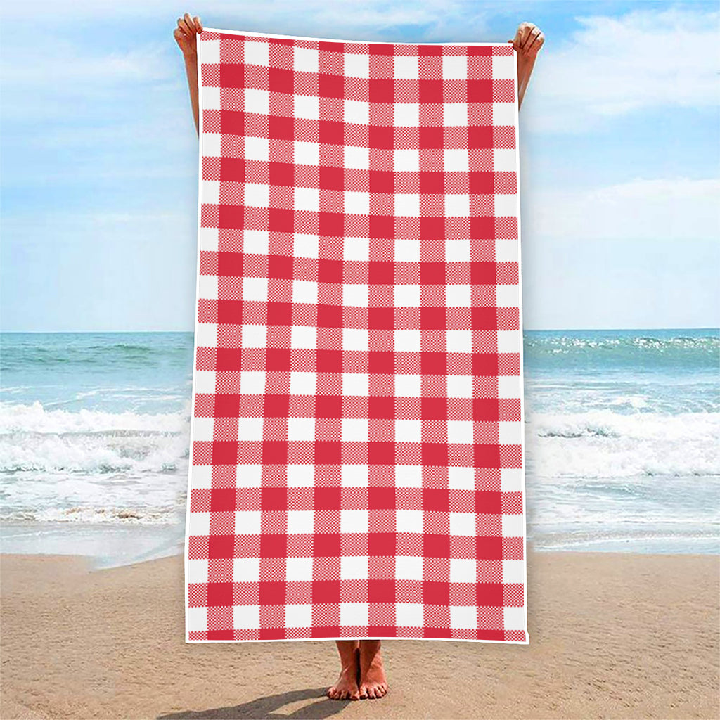Raspberry Red And White Gingham Print Beach Towel
