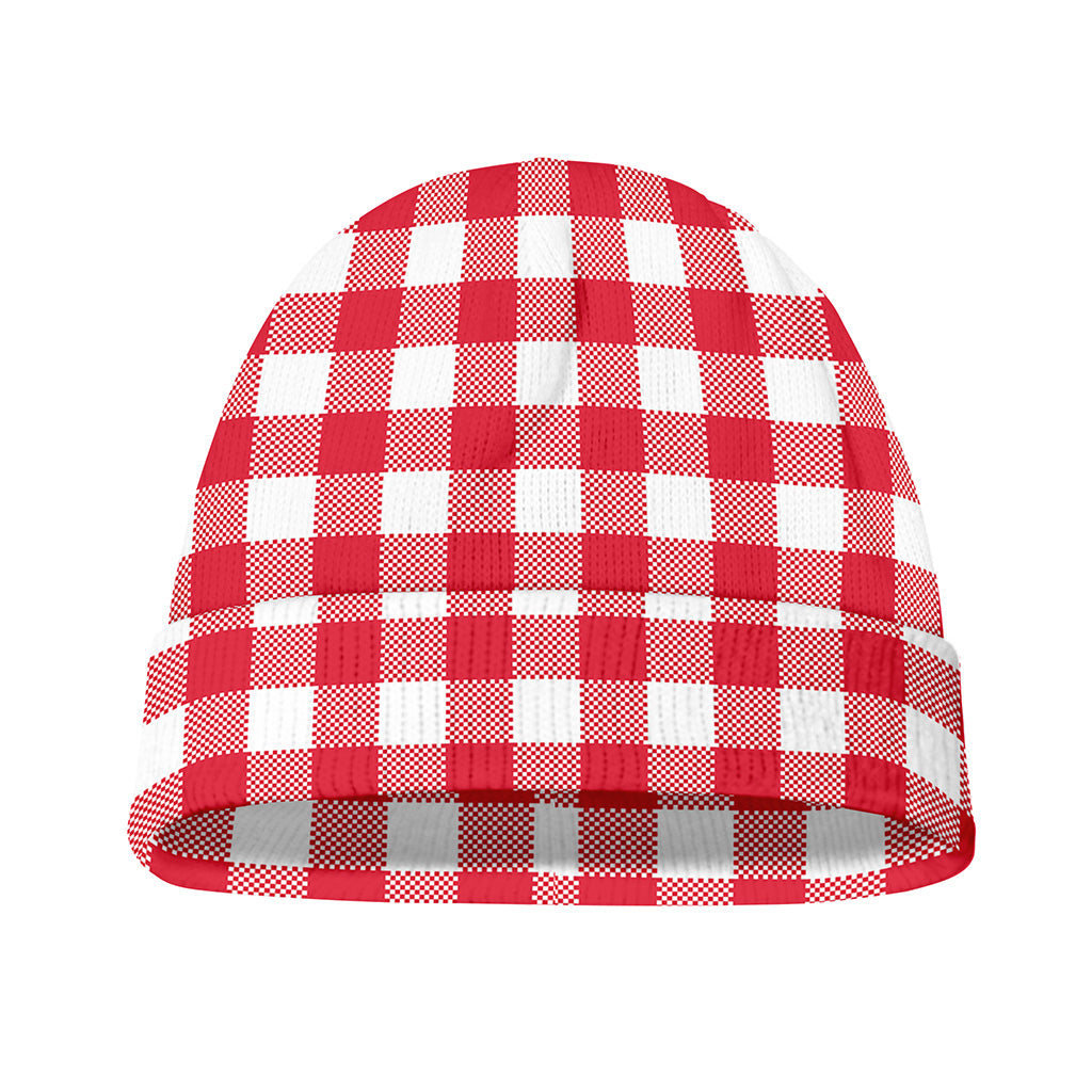 Raspberry Red And White Gingham Print Beanie