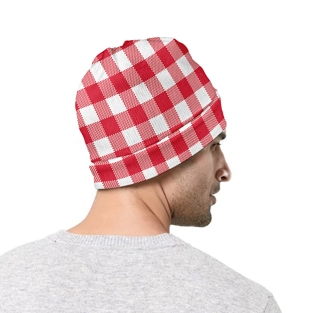 Raspberry Red And White Gingham Print Beanie