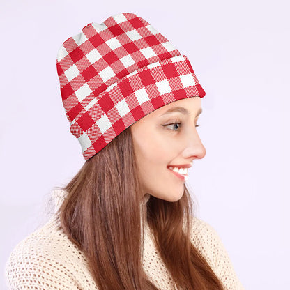 Raspberry Red And White Gingham Print Beanie