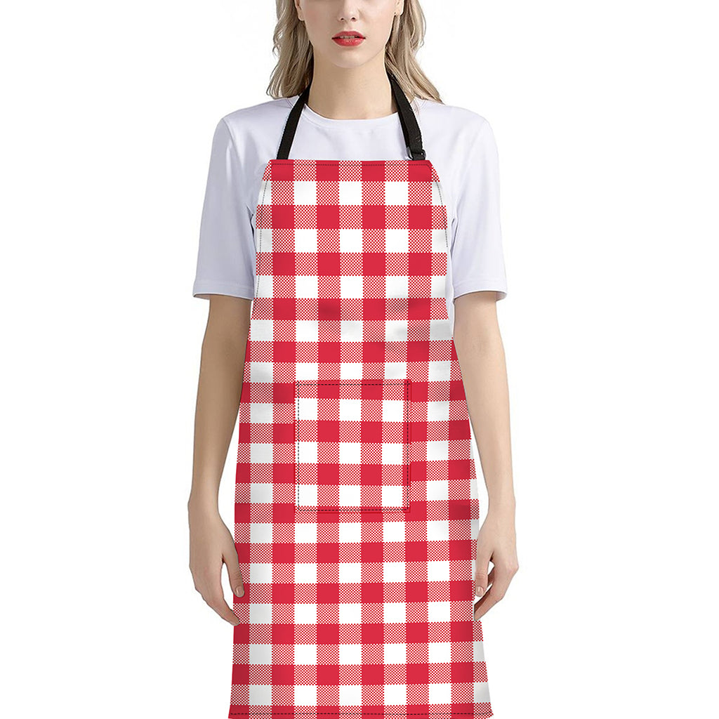 Raspberry Red And White Gingham Print Bib Apron With Pocket