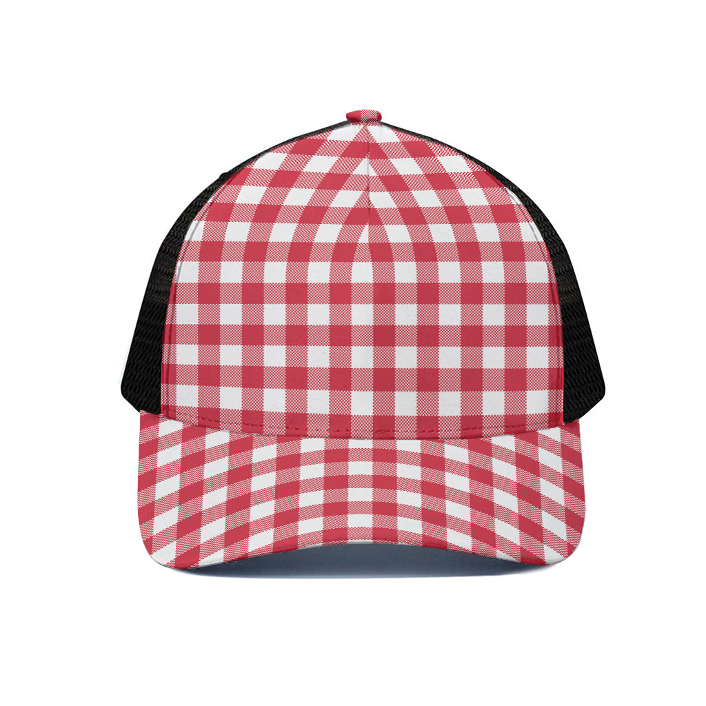 Raspberry Red And White Gingham Print Black Mesh Trucker Cap