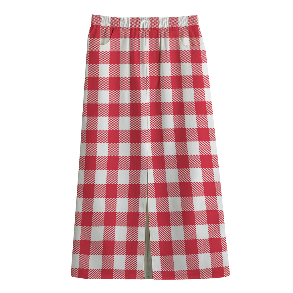 Raspberry Red And White Gingham Print Cotton Front Slit Maxi Skirt