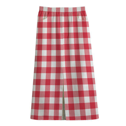 Raspberry Red And White Gingham Print Cotton Front Slit Maxi Skirt