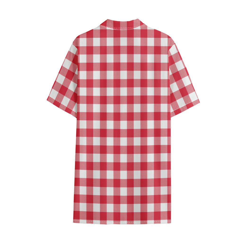 Raspberry Red And White Gingham Print Cotton Hawaiian Shirt
