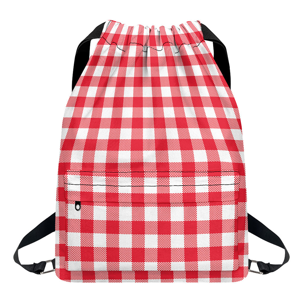 Raspberry Red And White Gingham Print Drawstring Backpack