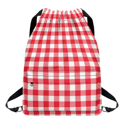 Raspberry Red And White Gingham Print Drawstring Backpack