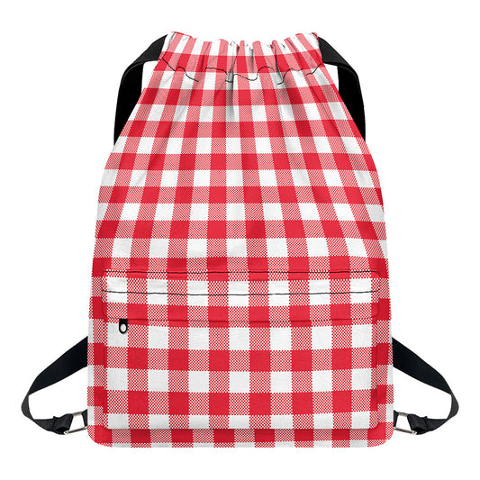 Raspberry Red And White Gingham Print Drawstring Backpack