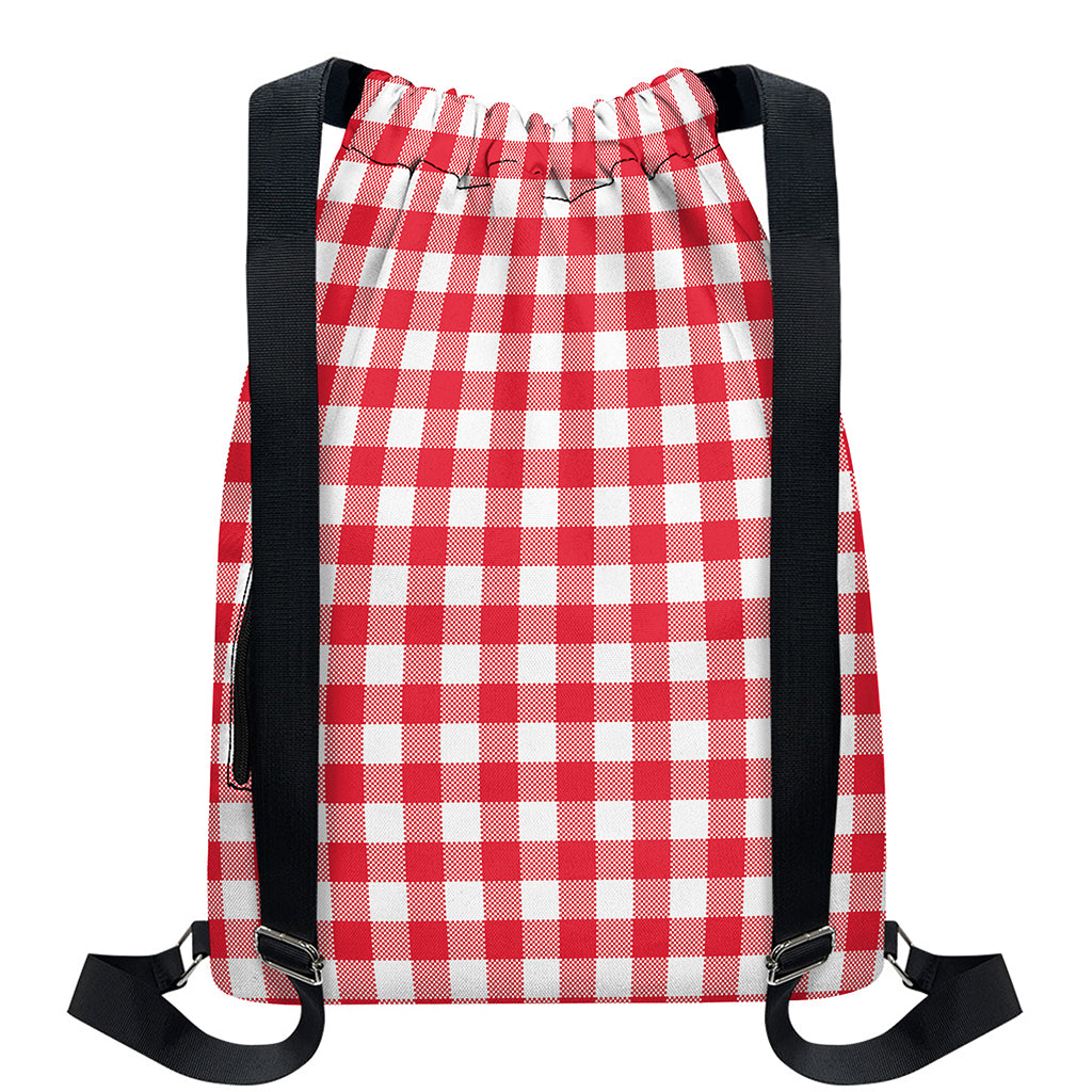 Raspberry Red And White Gingham Print Drawstring Backpack