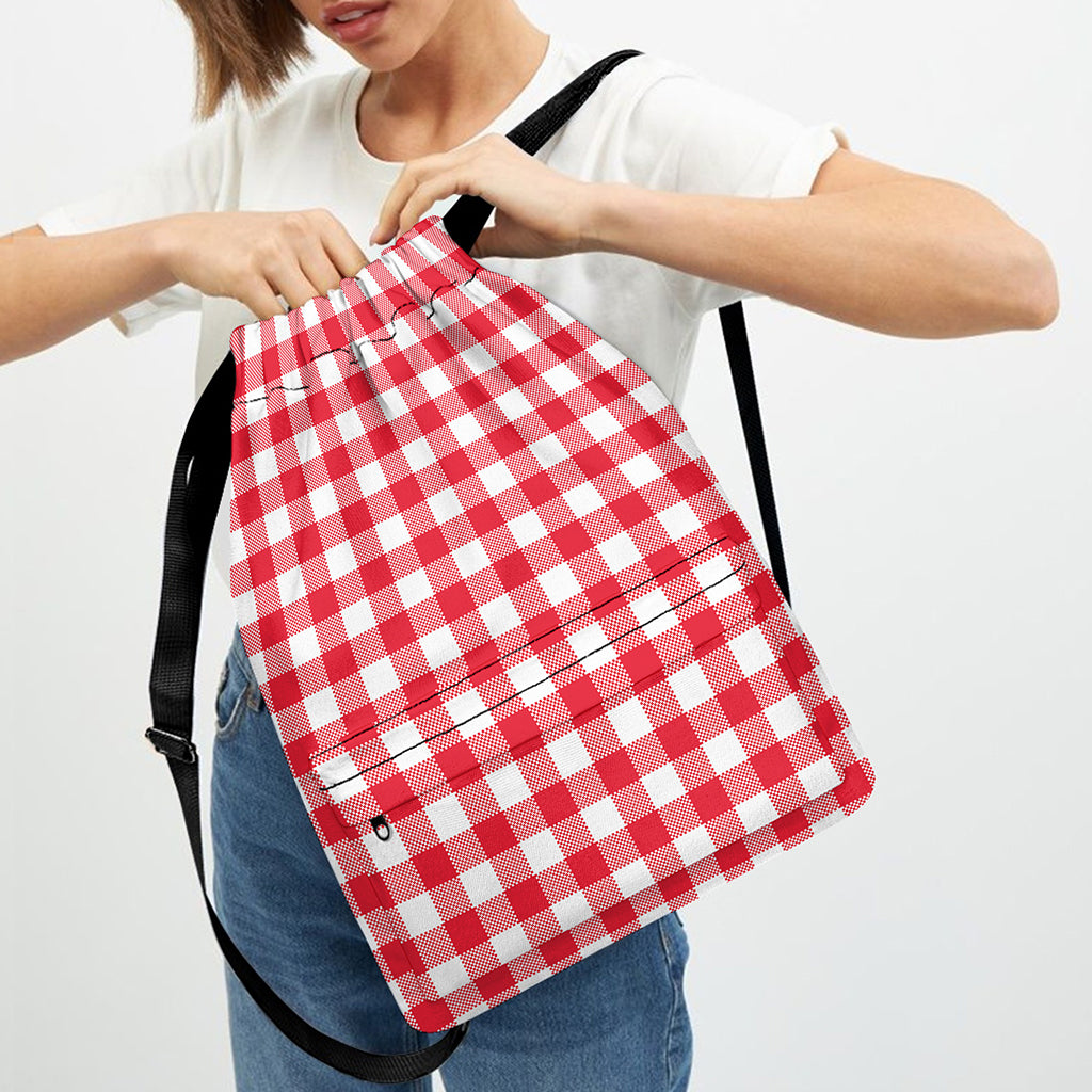 Raspberry Red And White Gingham Print Drawstring Backpack