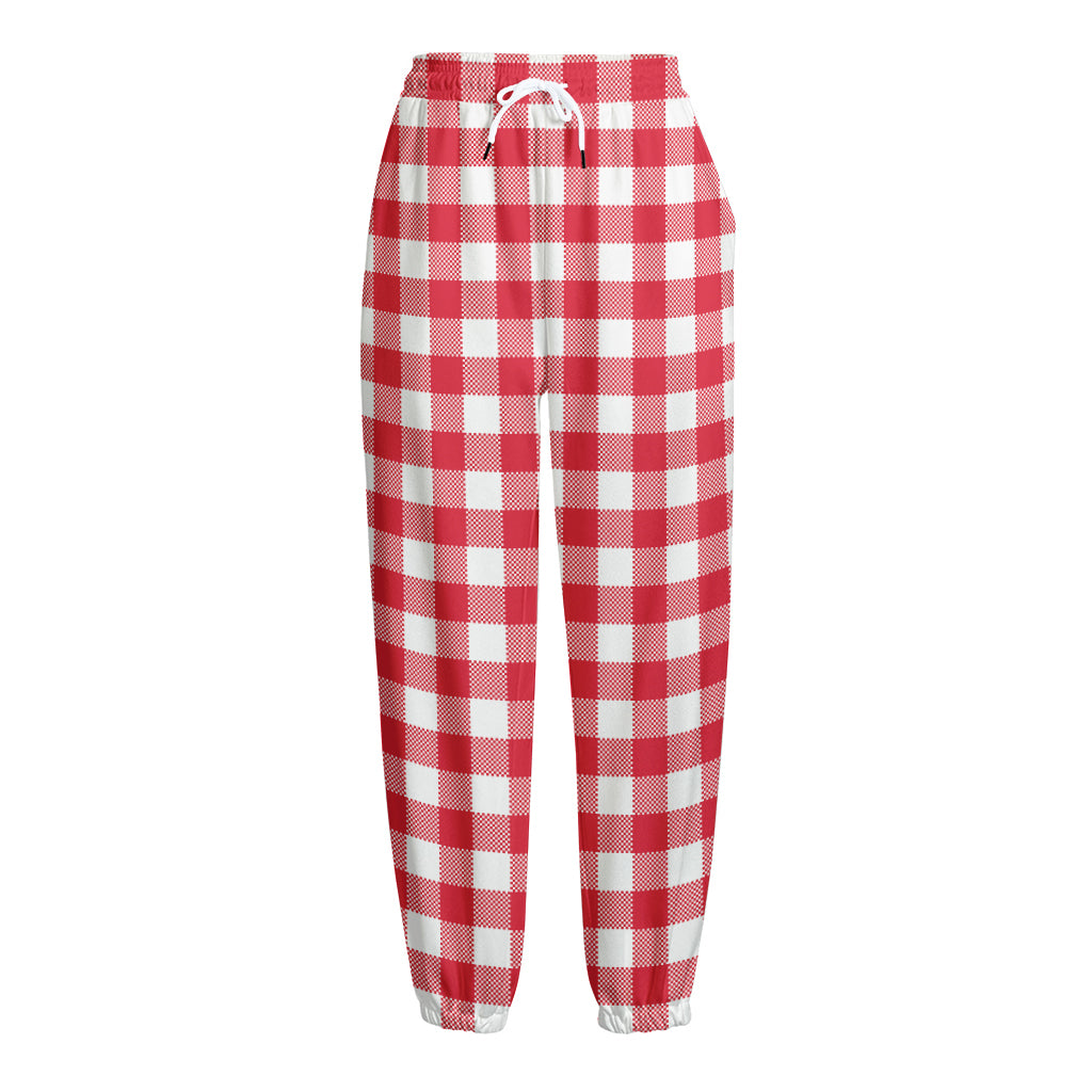 Raspberry Red And White Gingham Print Fleece Lined Knit Pants