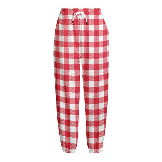 Raspberry Red And White Gingham Print Fleece Lined Knit Pants