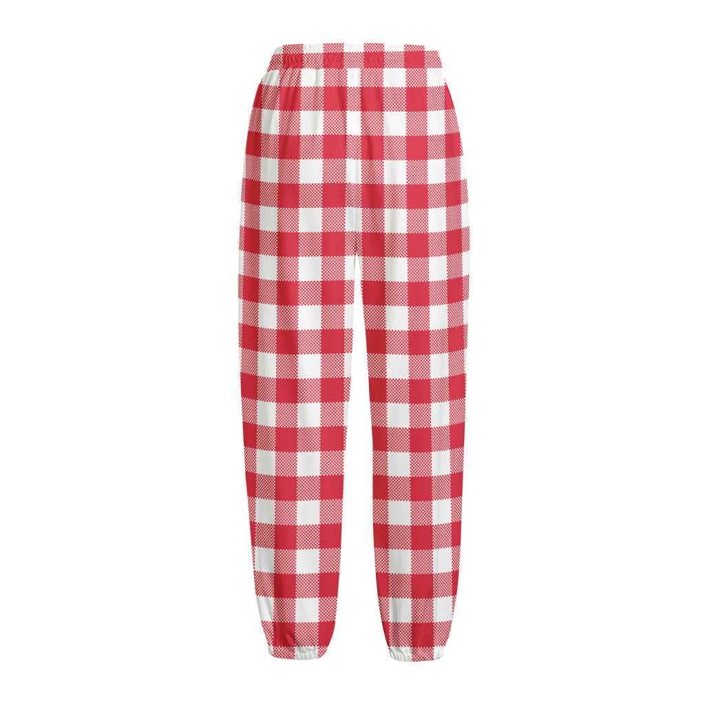 Raspberry Red And White Gingham Print Fleece Lined Knit Pants
