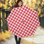 Raspberry Red And White Gingham Print Foldable Umbrella