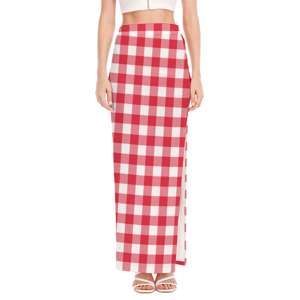 Raspberry Red And White Gingham Print High Slit Maxi Skirt
