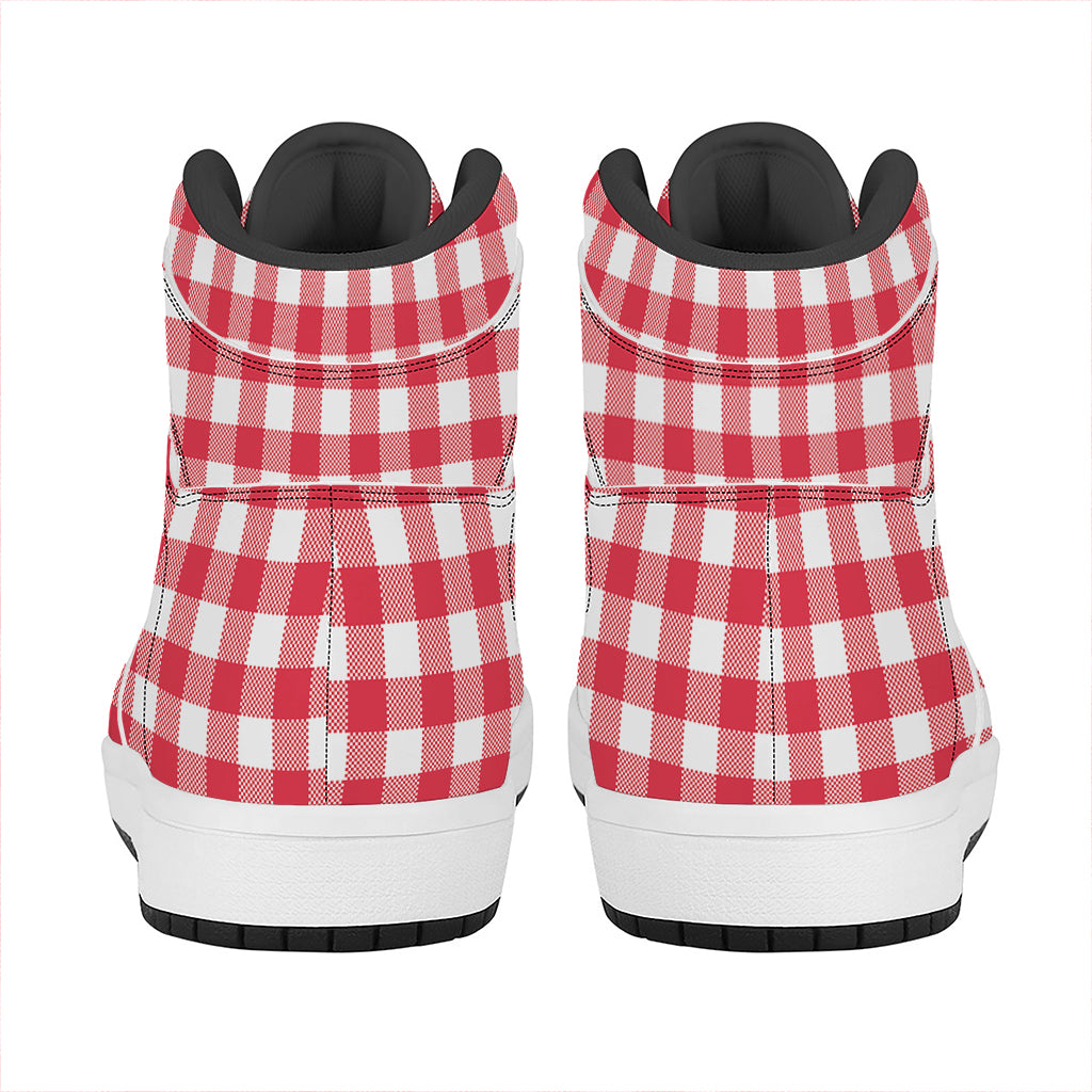 Raspberry Red And White Gingham Print High Top Leather Sneakers