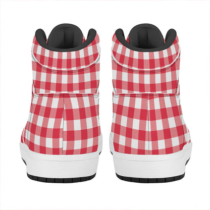 Raspberry Red And White Gingham Print High Top Leather Sneakers