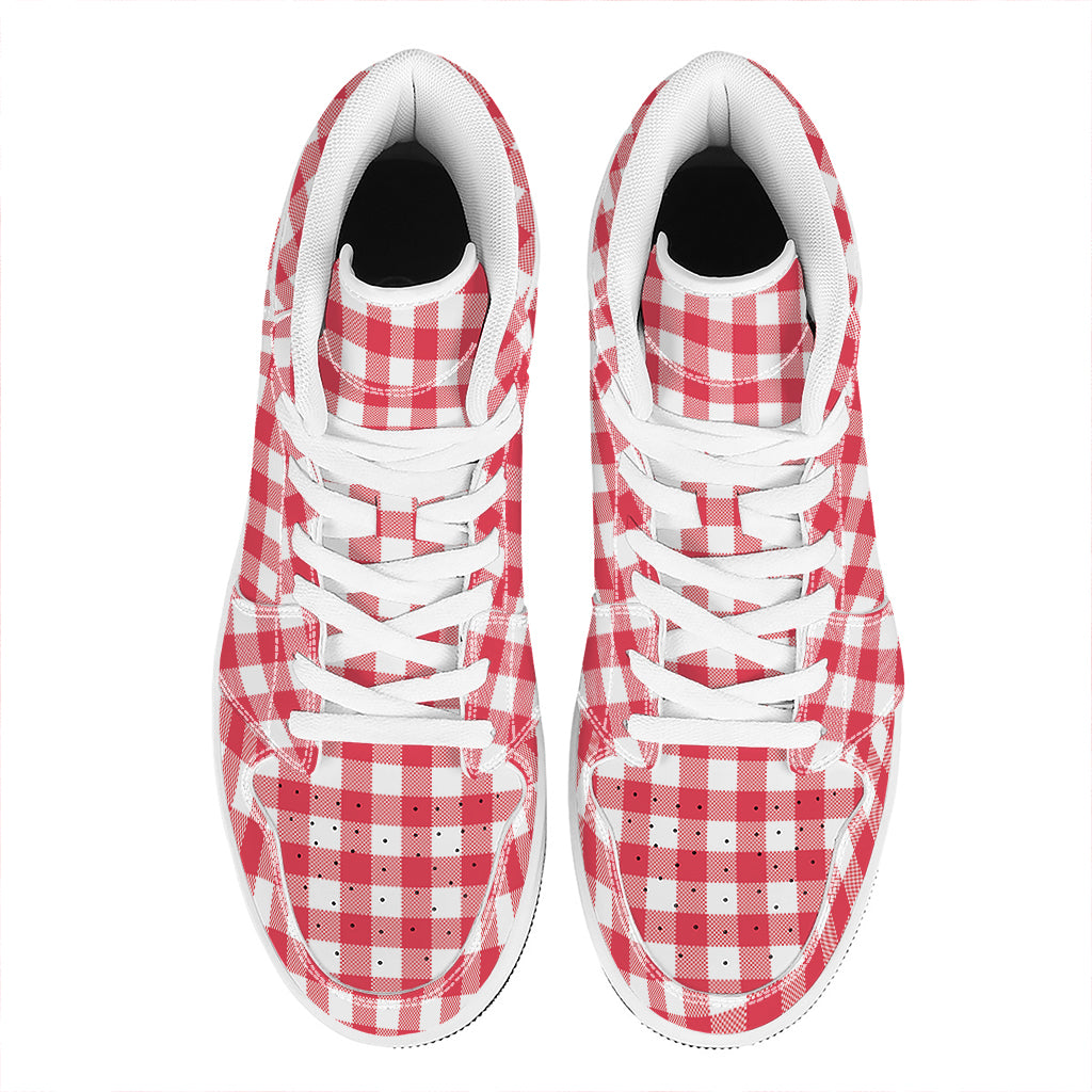 Raspberry Red And White Gingham Print High Top Leather Sneakers