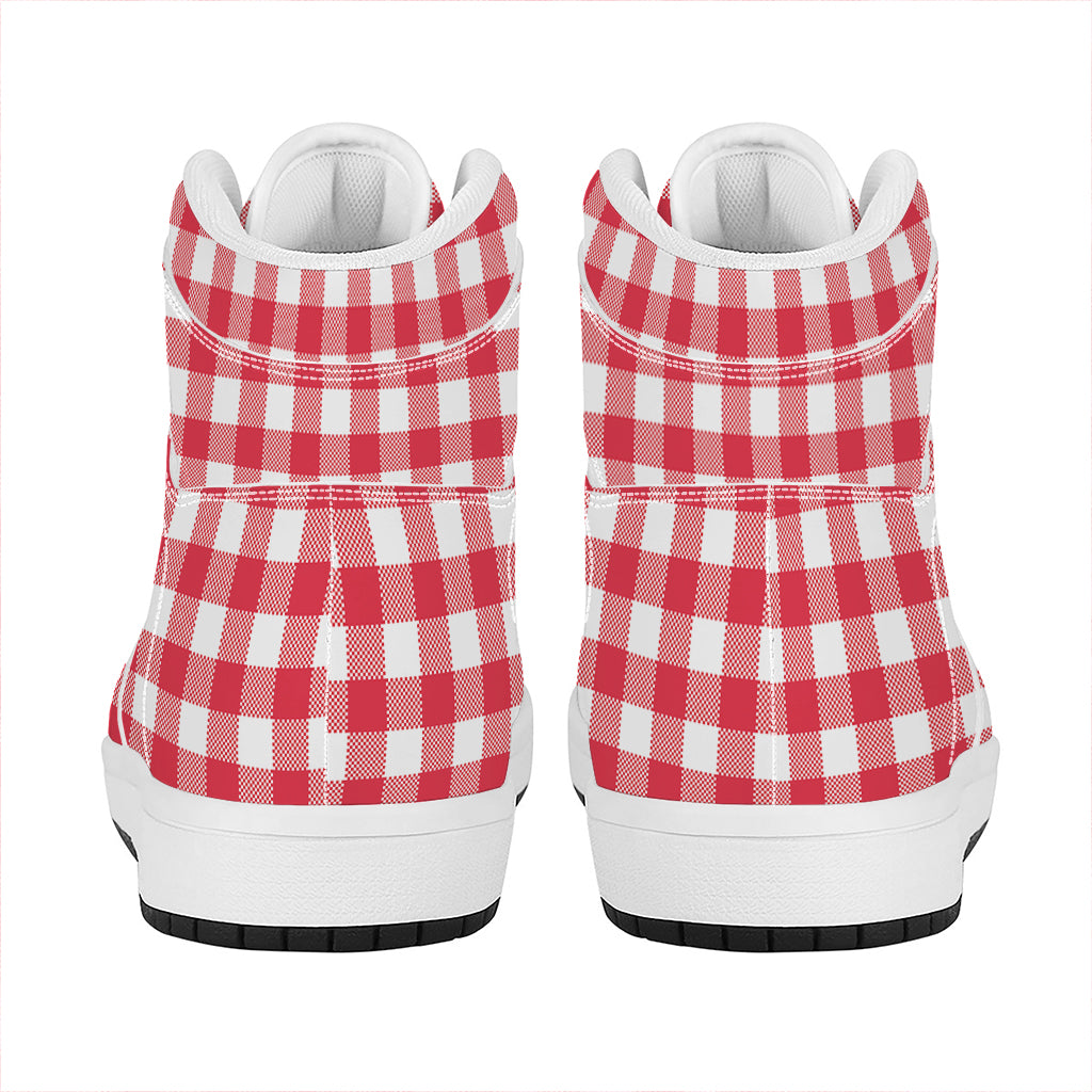 Raspberry Red And White Gingham Print High Top Leather Sneakers