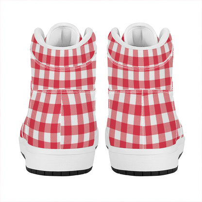 Raspberry Red And White Gingham Print High Top Leather Sneakers