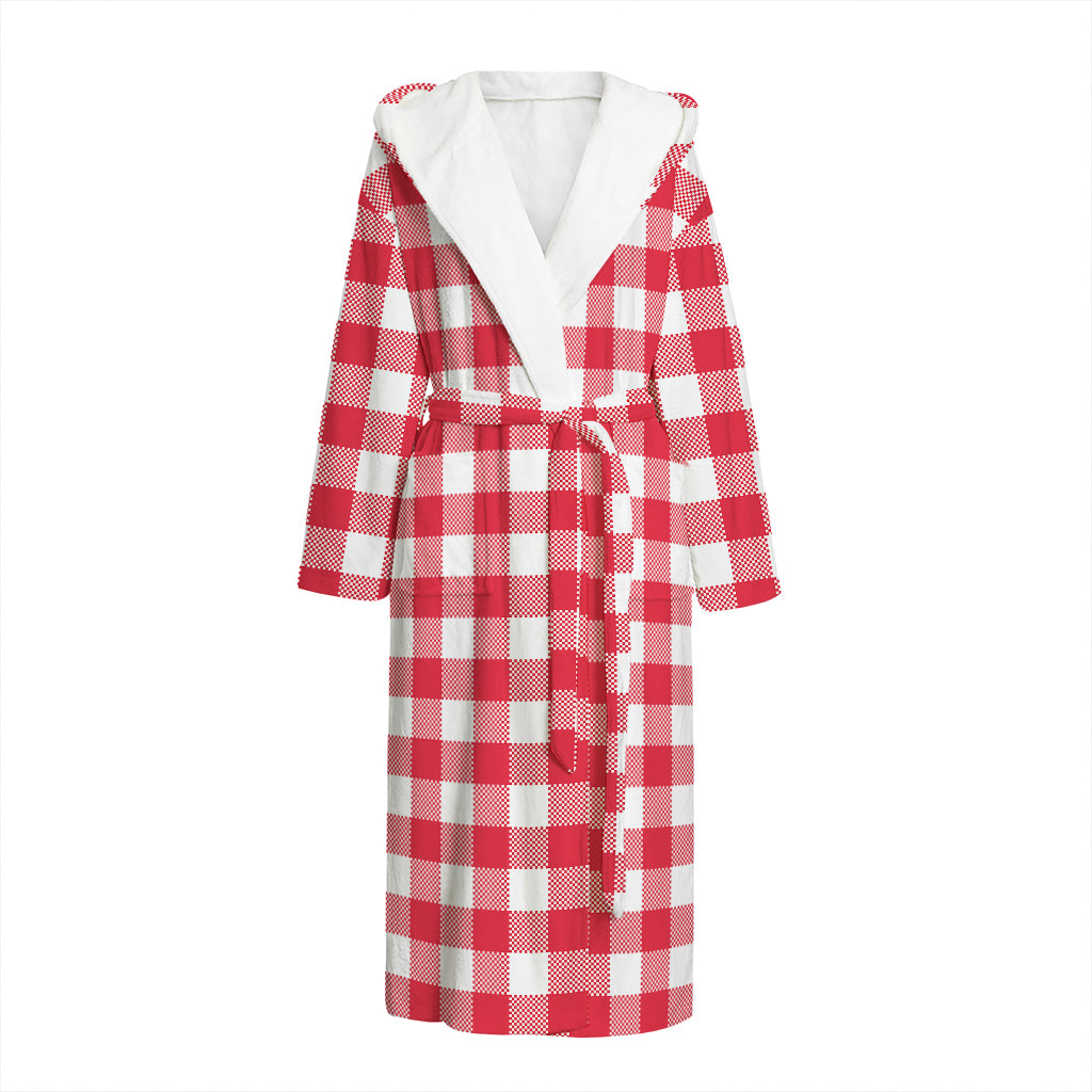 Raspberry Red And White Gingham Print Hooded Bathrobe