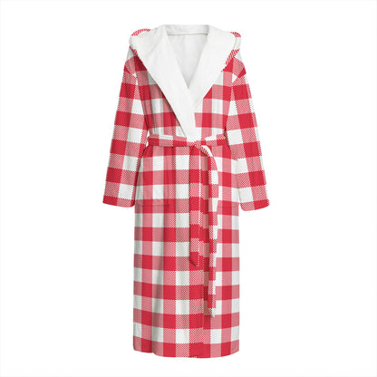 Raspberry Red And White Gingham Print Hooded Bathrobe