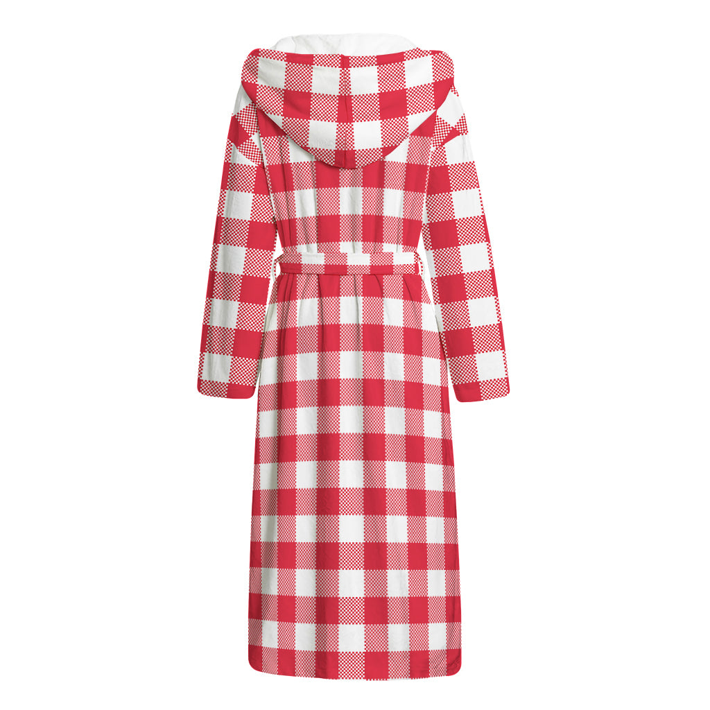 Raspberry Red And White Gingham Print Hooded Bathrobe