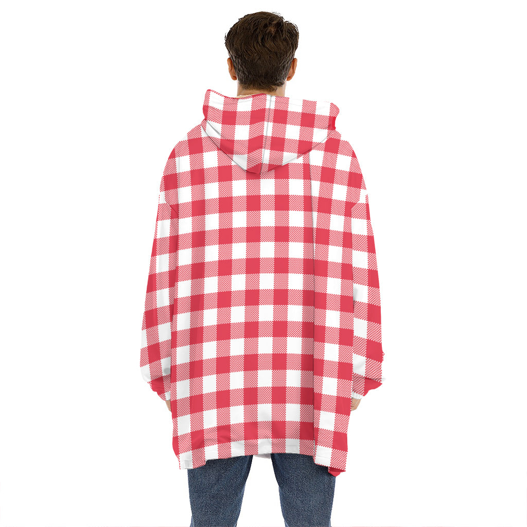 Raspberry Red And White Gingham Print Hoodie Blanket