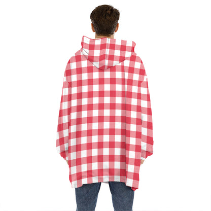 Raspberry Red And White Gingham Print Hoodie Blanket