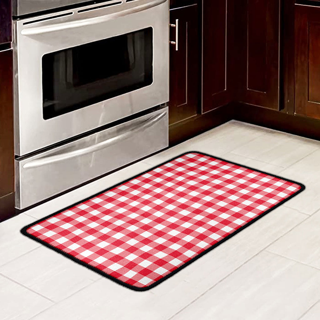 Raspberry Red And White Gingham Print Kitchen Mat