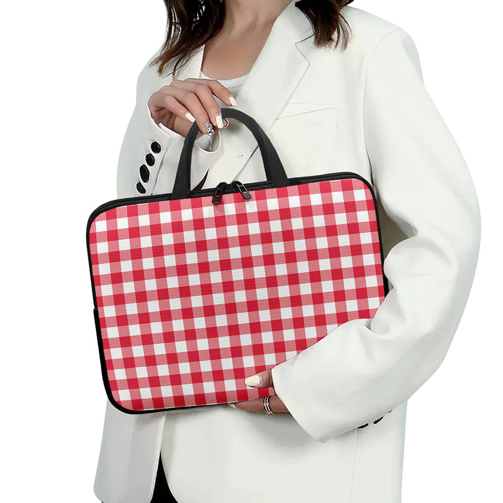 Raspberry Red And White Gingham Print Laptop Sleeve With Handle