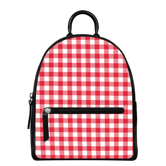 Raspberry Red And White Gingham Print Leather Backpack