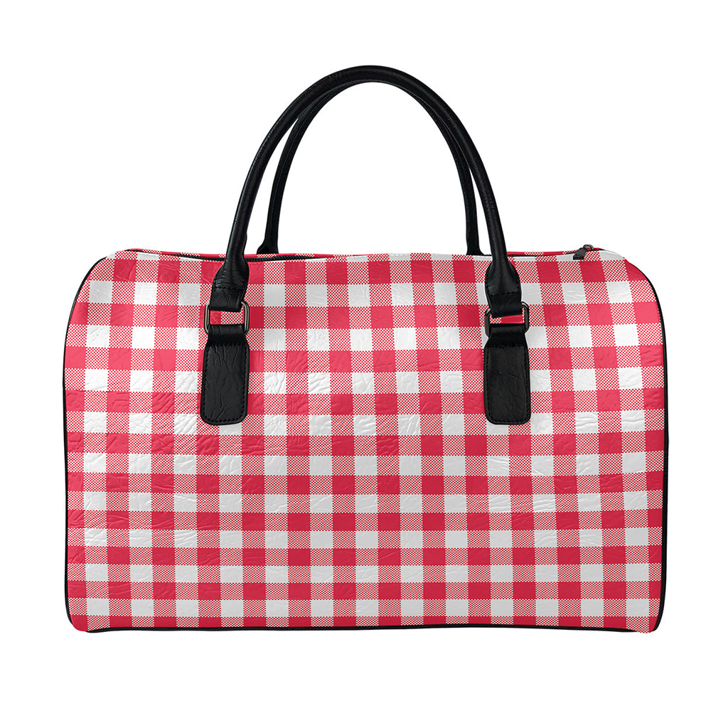 Raspberry Red And White Gingham Print Leather Duffle Bag