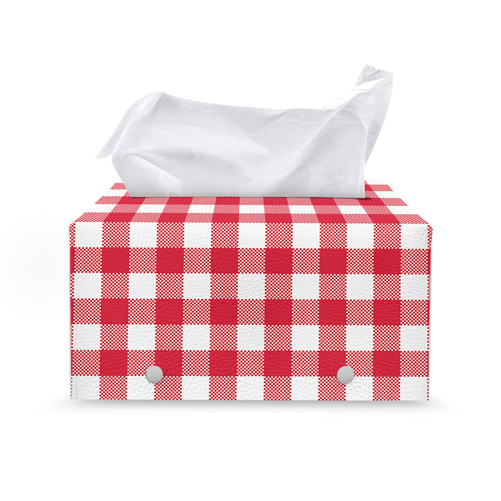 Raspberry Red And White Gingham Print Leather Tissue Box Cover