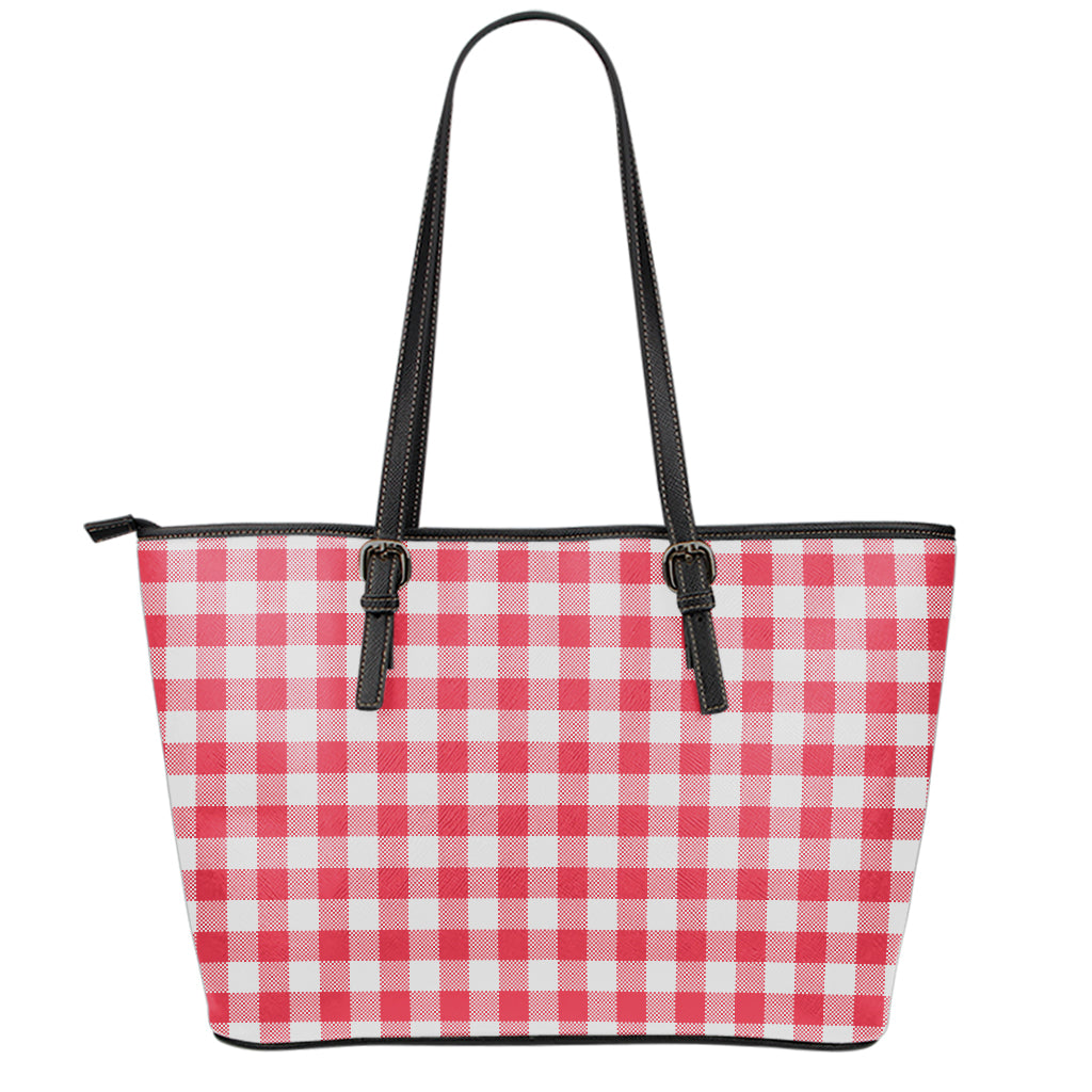 Raspberry Red And White Gingham Print Leather Tote Bag