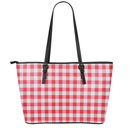 Raspberry Red And White Gingham Print Leather Tote Bag