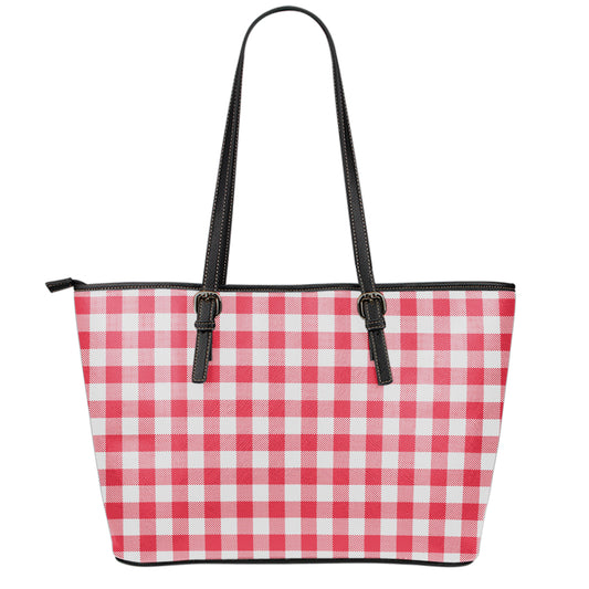 Raspberry Red And White Gingham Print Leather Tote Bag