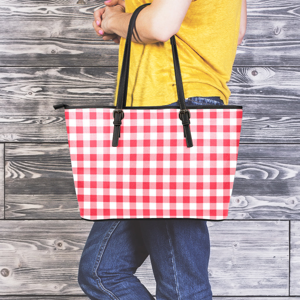 Raspberry Red And White Gingham Print Leather Tote Bag