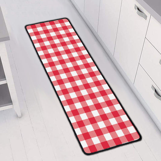 Raspberry Red And White Gingham Print Long Kitchen Mat